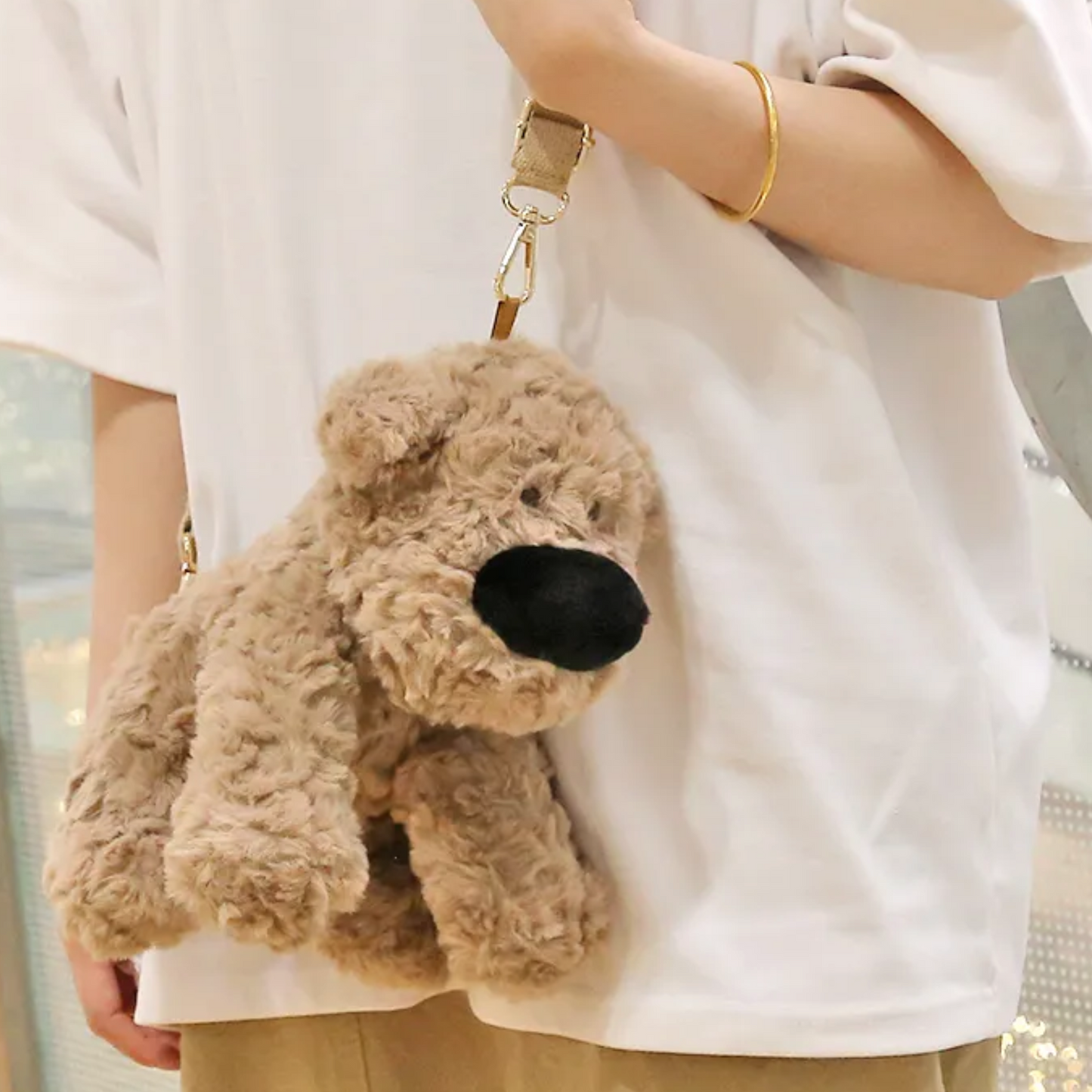 PlushyFriends Big Nose Dog Crossbody Plush Bag - Khaki & White