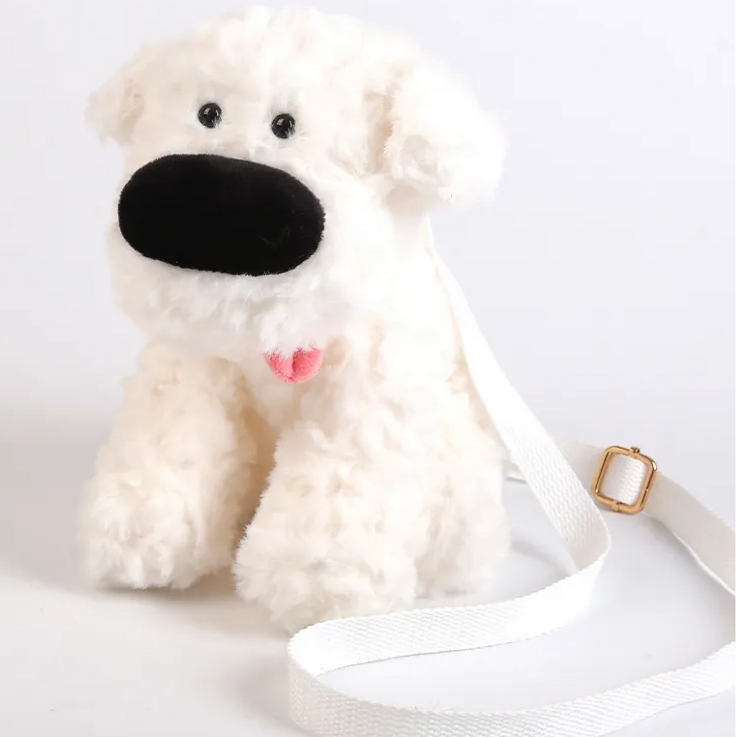 PlushyFriends Big Nose Dog Crossbody Plush Bag - Khaki & White