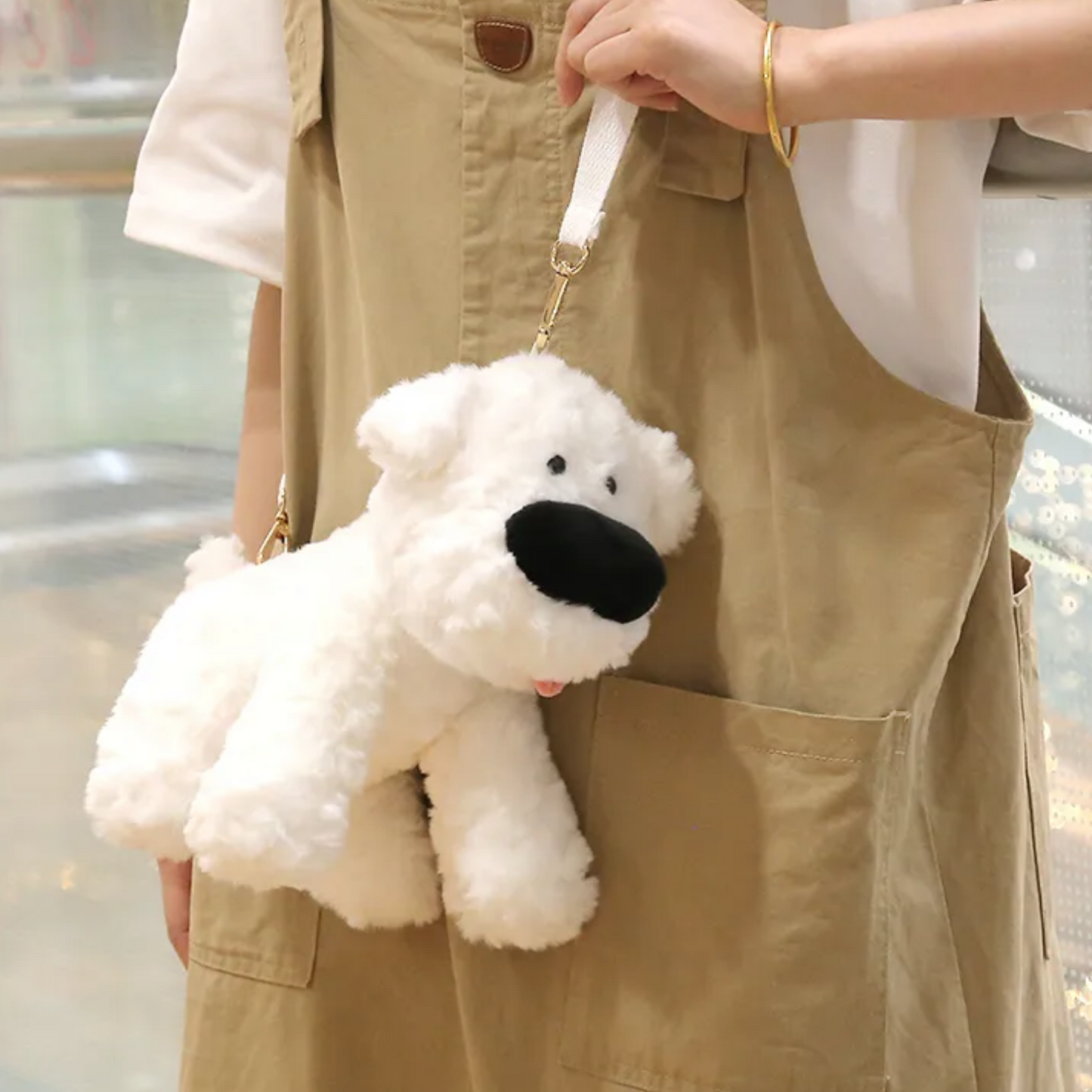 PlushyFriends Big Nose Dog Crossbody Plush Bag - Khaki & White