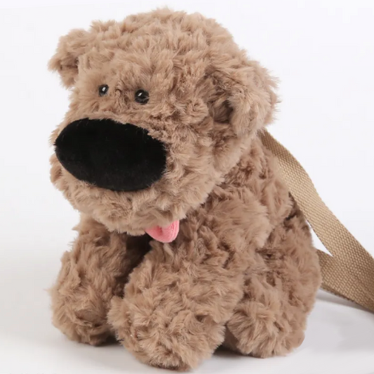 PlushyFriends Big Nose Dog Crossbody Plush Bag - Khaki & White